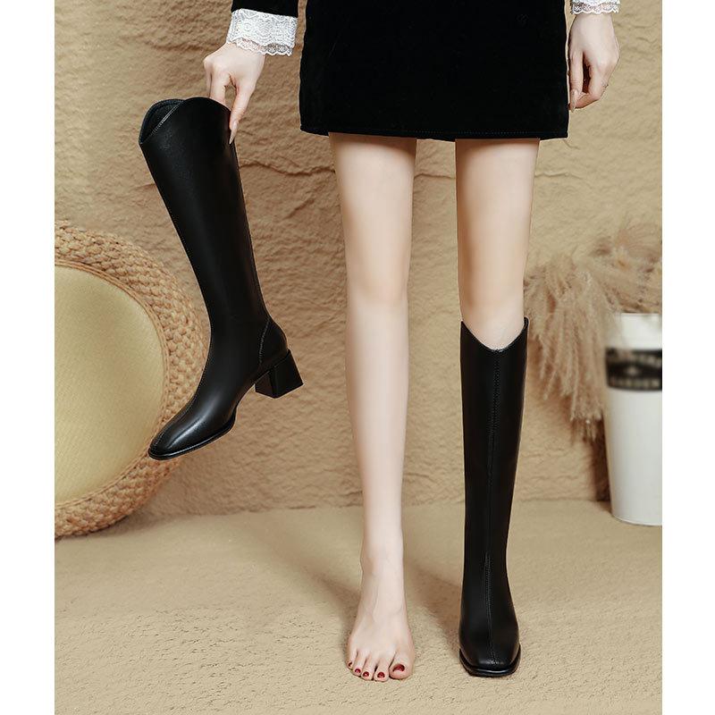 But Knee Boots Women's 2025 New Autumn and Winter High-heeled Thin V-mouth Boots Thick Heel Brown Square Head High Boots
