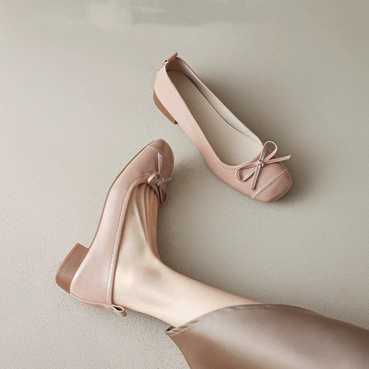 French small fragrant style bow shallow mouth square head single shoes women's comfortable soft sole 2025 autumn new huge good-looking women's shoes