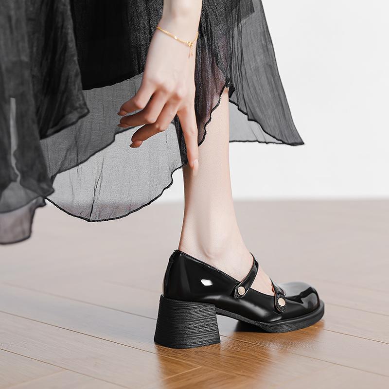 French High-heeled Mary Jane Shoes Women's Spring and Autumn Round Head with Thick Heel Single Shoes Retro Light Mouth Black Small Leather Shoes