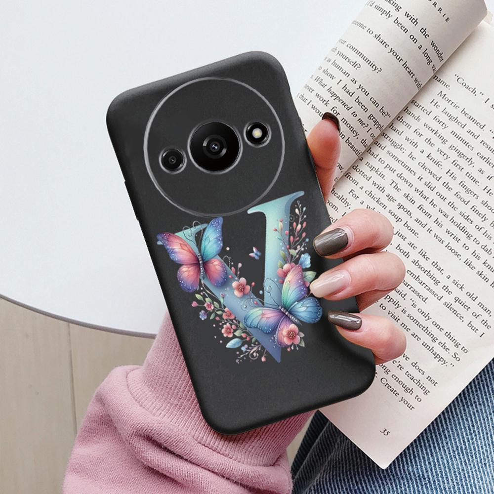 Handyhülle für Xiaomi Redmi A3 4G A3x Rosa Buchstabe Blume Schmetterling Stoßfest Weiches Silikon Cover Kameraschutz TPU Fundas