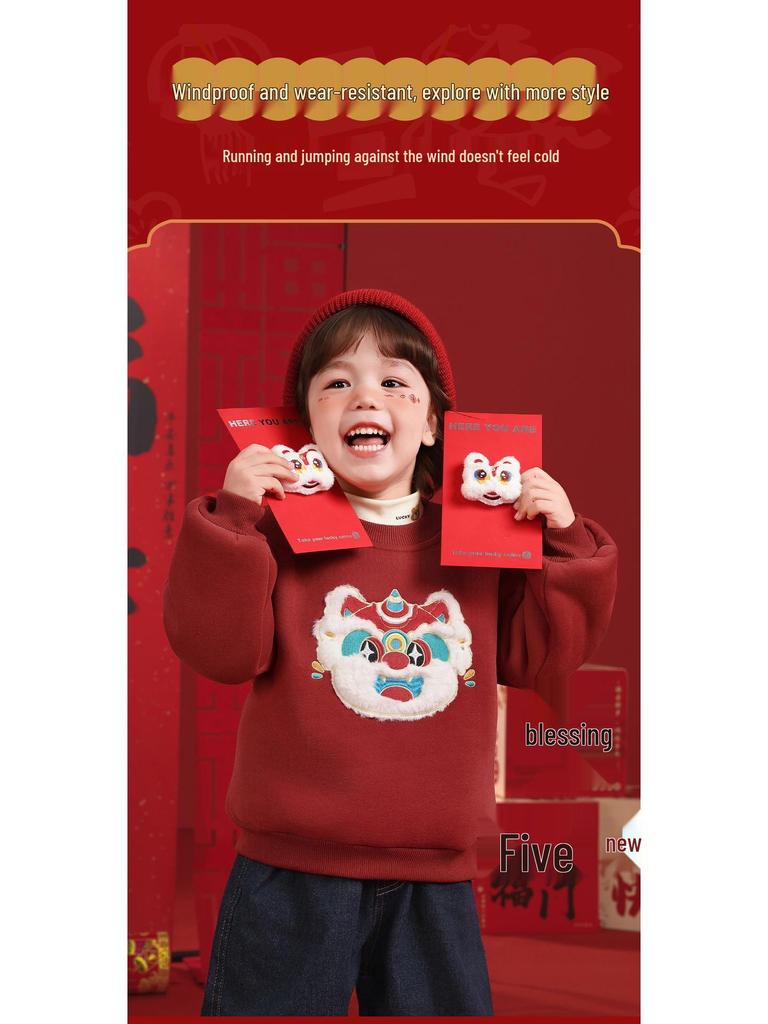 Europäisches Jungen-Sweatshirt mit rotem Fleece-Futter für Neujahr - Herbst Winter Kinderkleidung