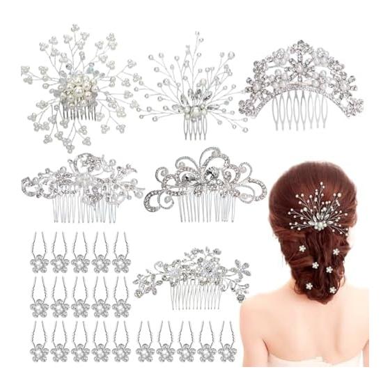 Formemory Bridal Hair Accessories Set - Pearl Flower Hair Pins (6pcs), U-Shaped Pins (20pcs), Headpiece, Formal Wedding Hair Comb, Tiara, Hair Clips