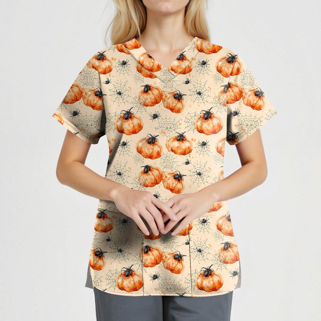 Dámská móda Overaly s krátkým rukávem a výstřihem do V s kapsami Halloweenské potištěné topy Oblečení