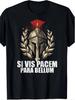 Men's Vintage "Si Vis Pacem Para Bellum" Latin Proverb T-Shirt - Black with Golden Spartan Helmet & Laurel Wreath Graphic