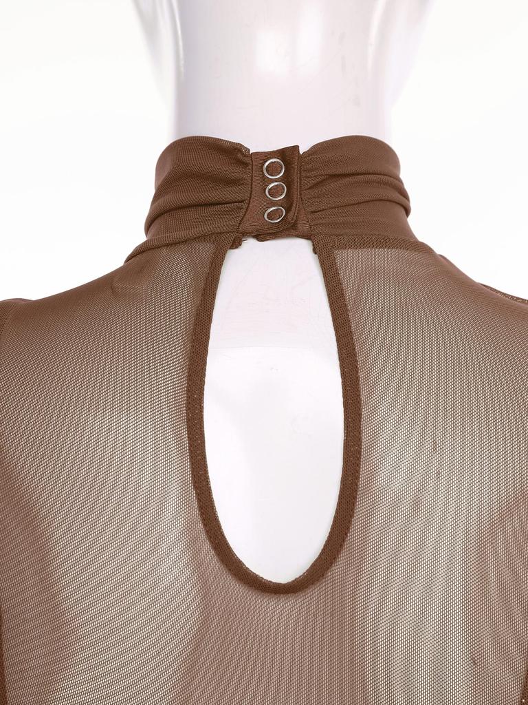 Damski kostium do łyżwiarstwa figurowego Wycięcie z przodu Przezroczysta siatka Patchwork Wysoki kołnierzyk Długi rękaw Strój kąpielowy z cyrkoniami