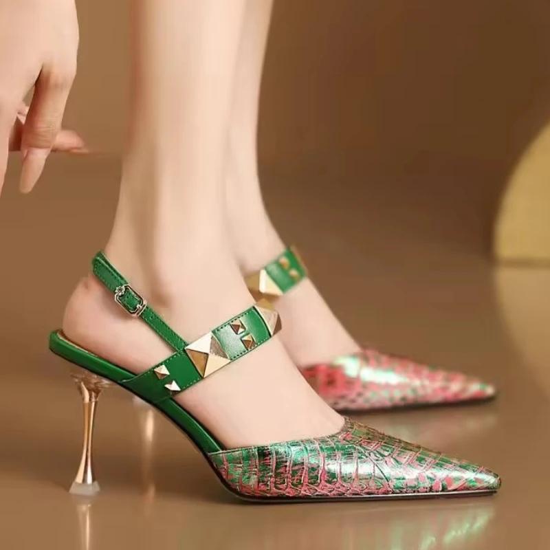 2025 Women's High Heels Plus Size Party Pumps Women Rivet Pointed Toe Buckle Strap Thin Heels Sandals Shoes for Women Zapatos