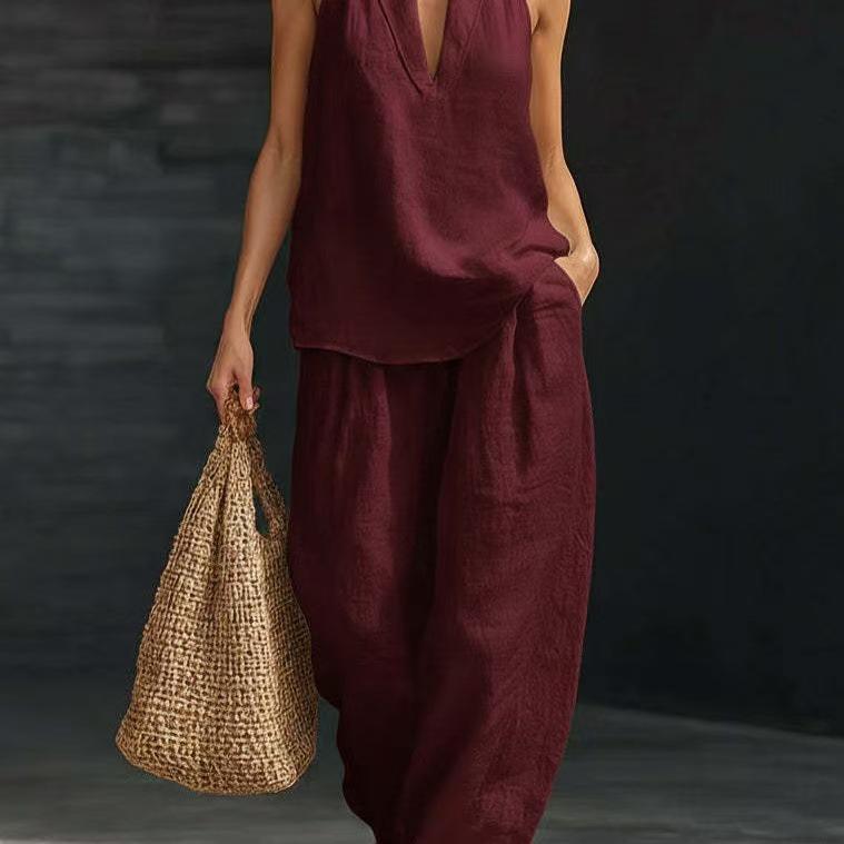 2026 European & American Style Women's Sleeveless Casual Suit: Summer Two-Piece Set with Loose Drop Shoulder Top & Wide-Leg Pants
