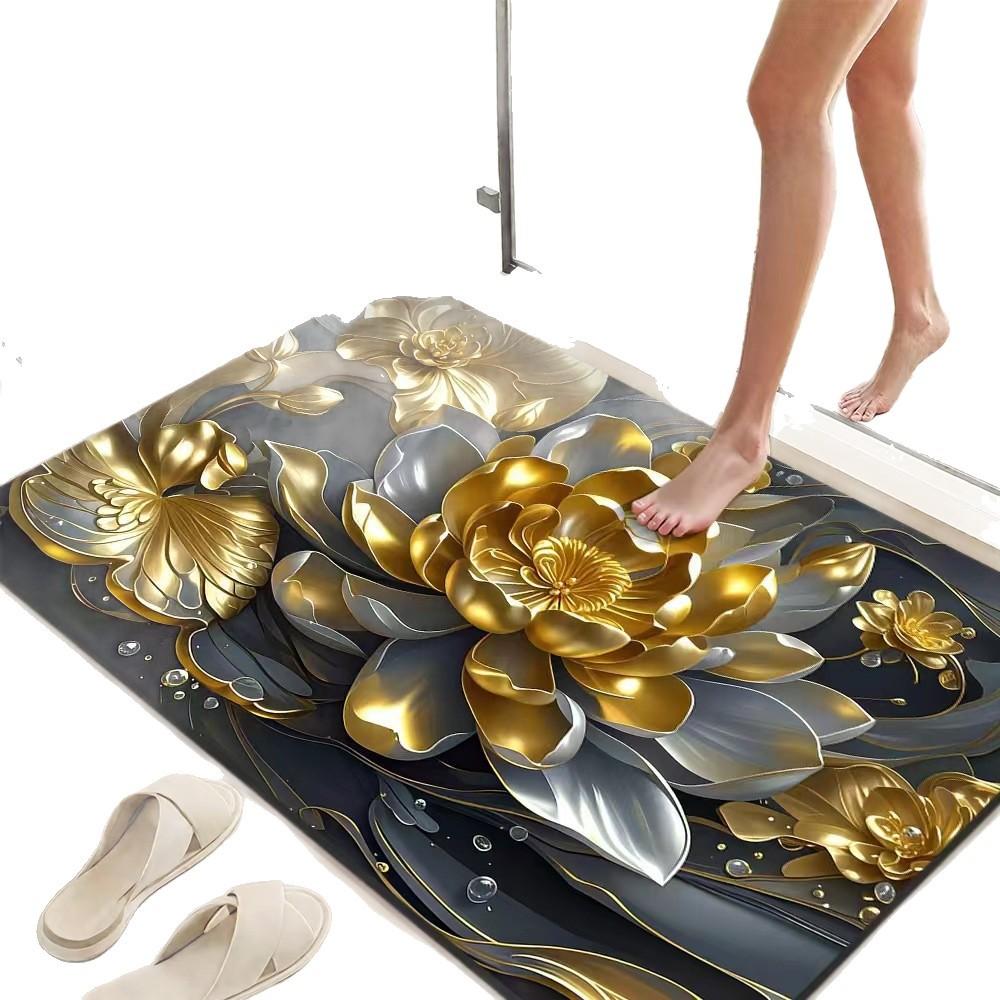 3D Goldene Blume Badezimmerteppich - Super Saugfähig Rutschfest Schnell Trocknend Badematte - Luxuriöser Stil Boden Teppich für Badezimmer Küche Schlafzimmer Eingangsbereich
