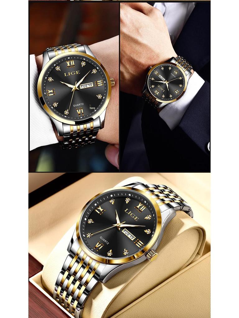 LIGE Men's Large Dial Quartz Watch - Waterproof Luminous with Double Calendar and Steel Strap