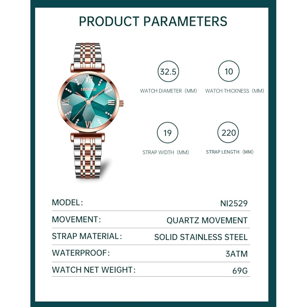 Nibosi Women's Casual Analog Quartz Watch Green Waterproof Stainless Steel