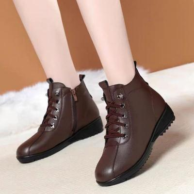 Winter Velvet Warm Short Boots Soft Leather Boots Cotton Boots Thickened Middle-aged Flat Bottom Mother Cotton Shoes Women's Shoes Factory