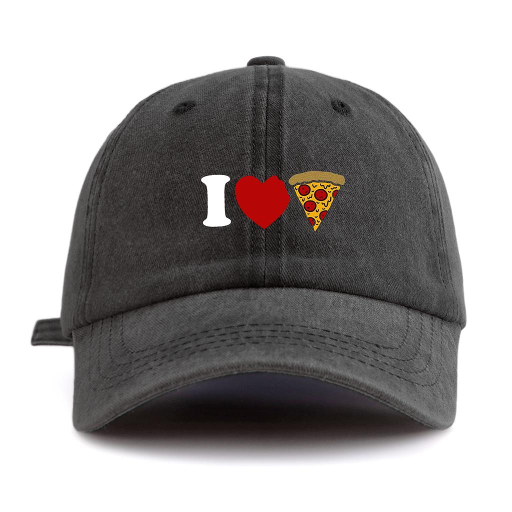 1pc I Love Pizza Print Washed Baseball Cap for Adults, Minimalist Retro Style Casual Soft Adjustable Dad Hat, Perfect As Gift