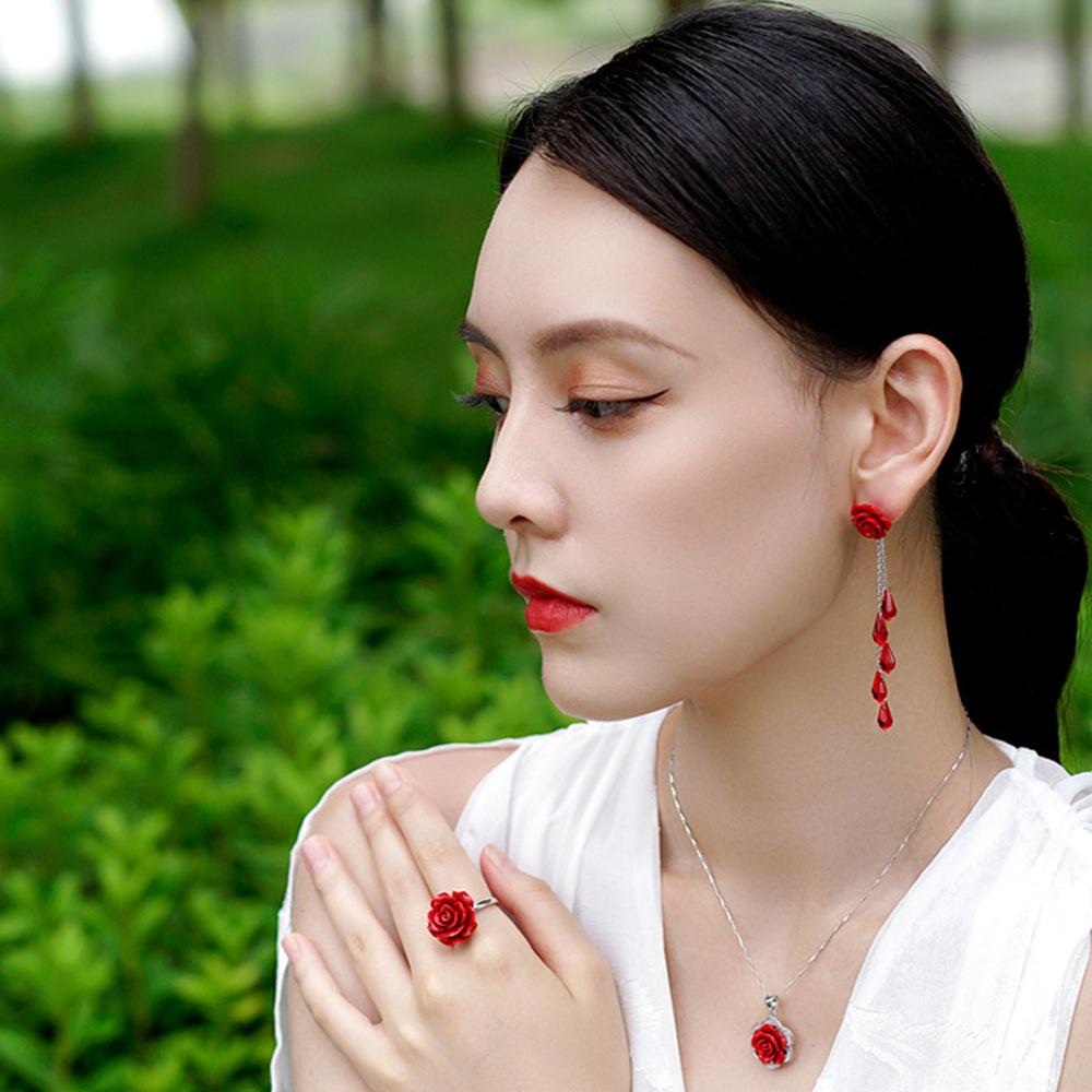 February Rose Silver Needle Red Flower Stud & Dangle Earrings – Elegant Women’s Jewelry