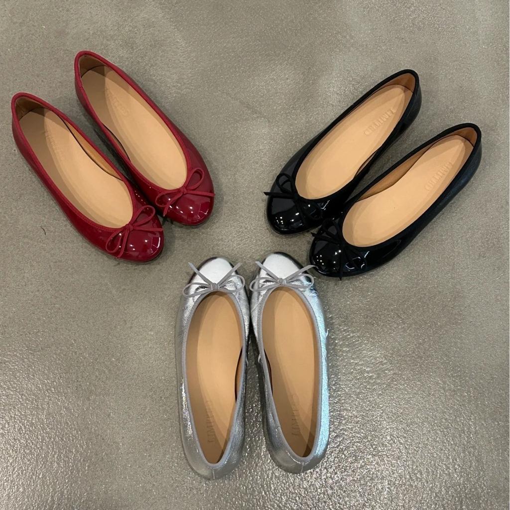 Leather retro gentle wind bow ballet shoes French silver round head flat bottom light mouth single shoes soft sole grandma shoes
