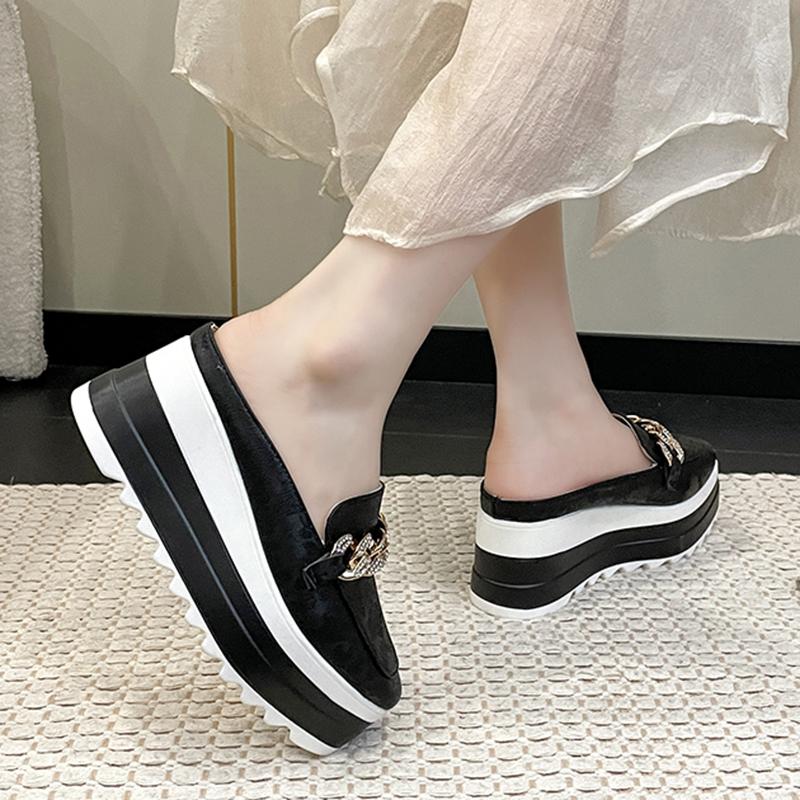 fashion Metal Chain Decor Chunky Platform Mules for Women 2024 Summer Thick Sole Wedge Slippers Woman Closed Toe Slip On Casual Slides
