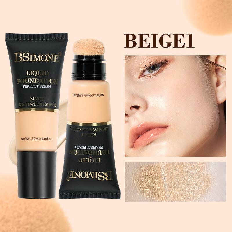 Bsimone Coverage Foundation Long-Lasting Oil Control Waterproof Liquid Foundation Matte Finish Concealer With Sponge Brush Head