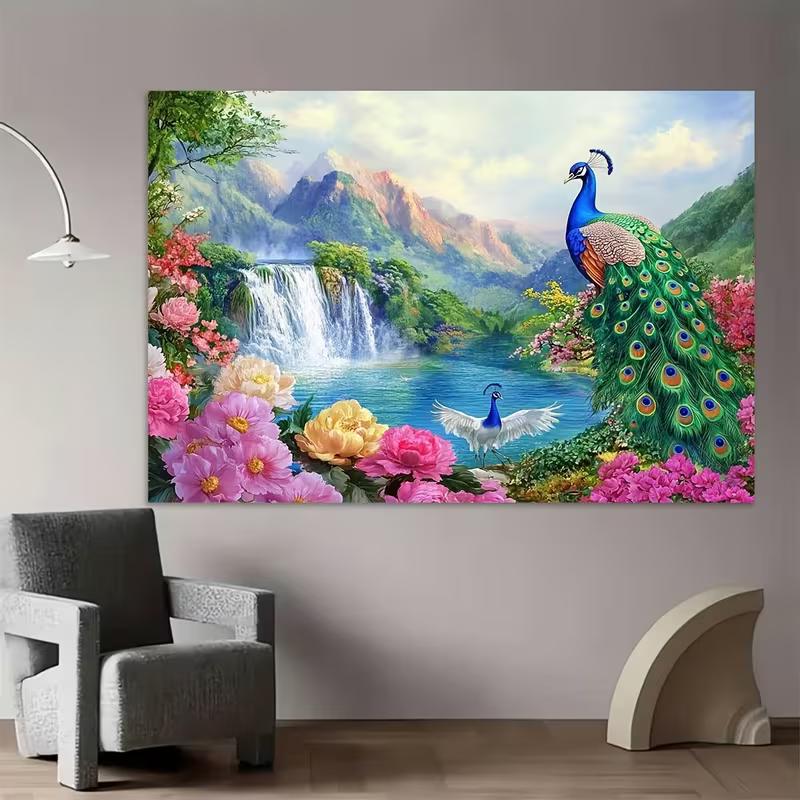 2D Elegant Peacock Floral Waterfall Backdrop Spring Nature Scenery Studio Background Cloth