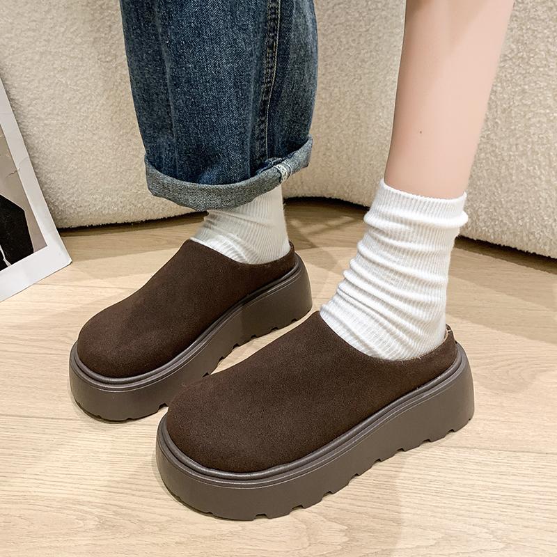 Fashion 2025 New Women's Platform Heel Fashion Casual Shoes Closed Toe Slip On Suede Wear Resistant Chunky Increase Height Slippers