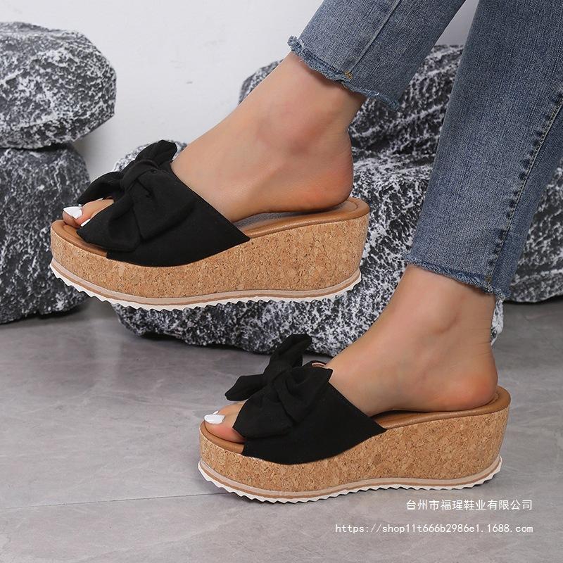 European and American Foreign Trade Large Size Bow Thick-soled Slippers Female Leopard Print Cloth Surface One-character Slope Heel Cool Slippers Fema