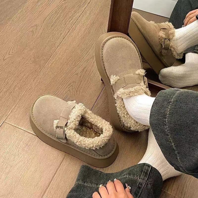 Thick Soled Plush Women's Snow Boots with Plush Insulation for Winter Thick and Wear-resistant Buckle Solid Color Ankle Boots