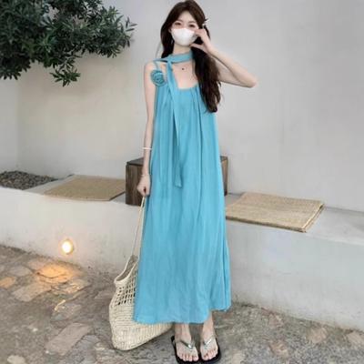 Urlaubsstil Kleid Träger-Latzrock Damenbekleidung Sommer Temperament Locker und dünn A-Linien-Rock blau mittel und langer Rock
