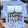 Retro Torn Paper Eiffel Tower Coordinates City Landscape Pattern Mens  Cotton Tshirt Breathable Loose Souvenir Top