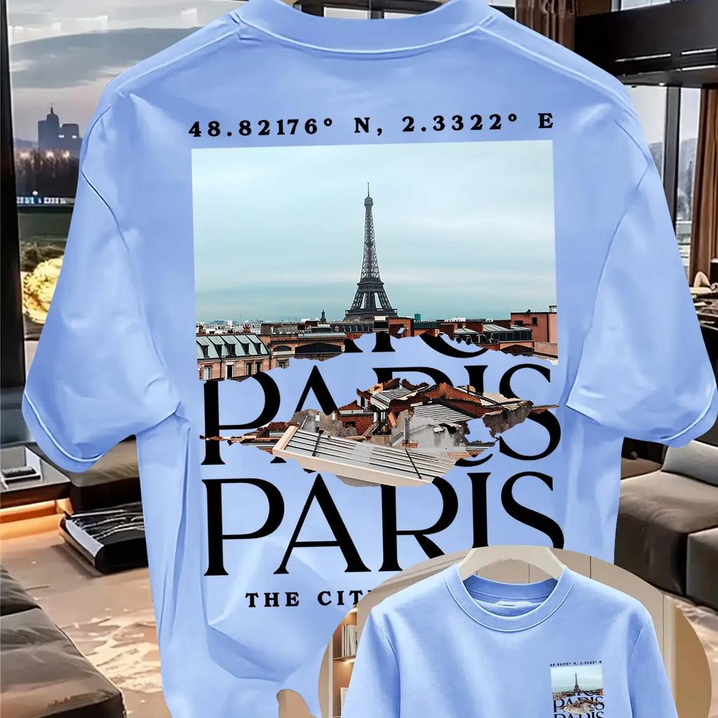 Retro Torn Paper Eiffel Tower Coordinates City Landscape Pattern Mens Cotton Tshirt Breathable Loose Souvenir Top