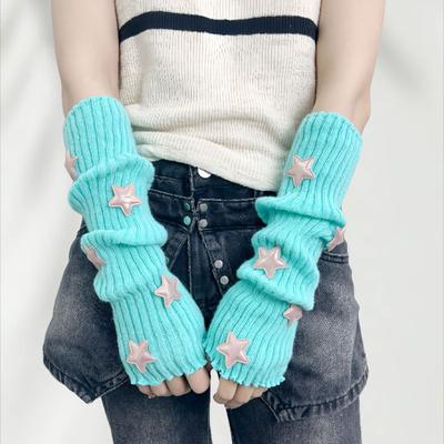Yousheng Knitted Arm Warmers Girls Fingerless Long Wrist Gloves Winter Star Arm Sleeves with Thumb Hole for Women Street Wear Parties