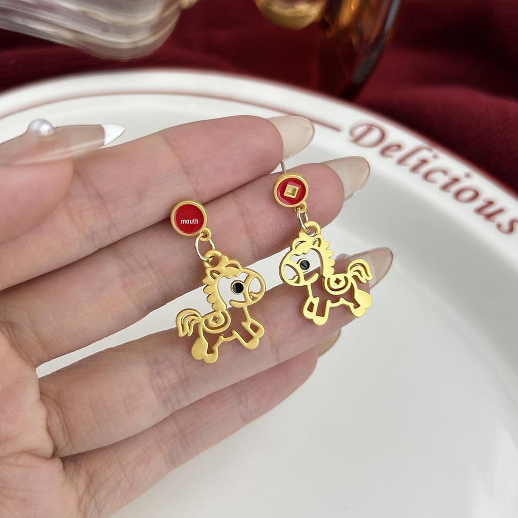 Year of the Horse 925 Sterling Silver Diamond Enamel Stud Earrings with Pearls - Retro High-End Design