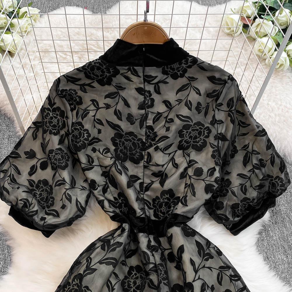 French Elegant Bow Puff Sleeve Dress Women 2025 Spring Autumn New Flocking Floral Waist Slim Long Dresses Patchwork Party Clothing