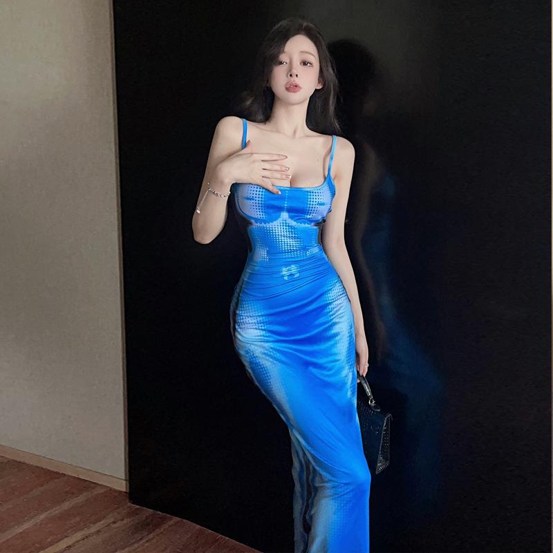 

Сексуальное женское платье с индивидуальным принтом и подтяжками, длинное, облегающее L