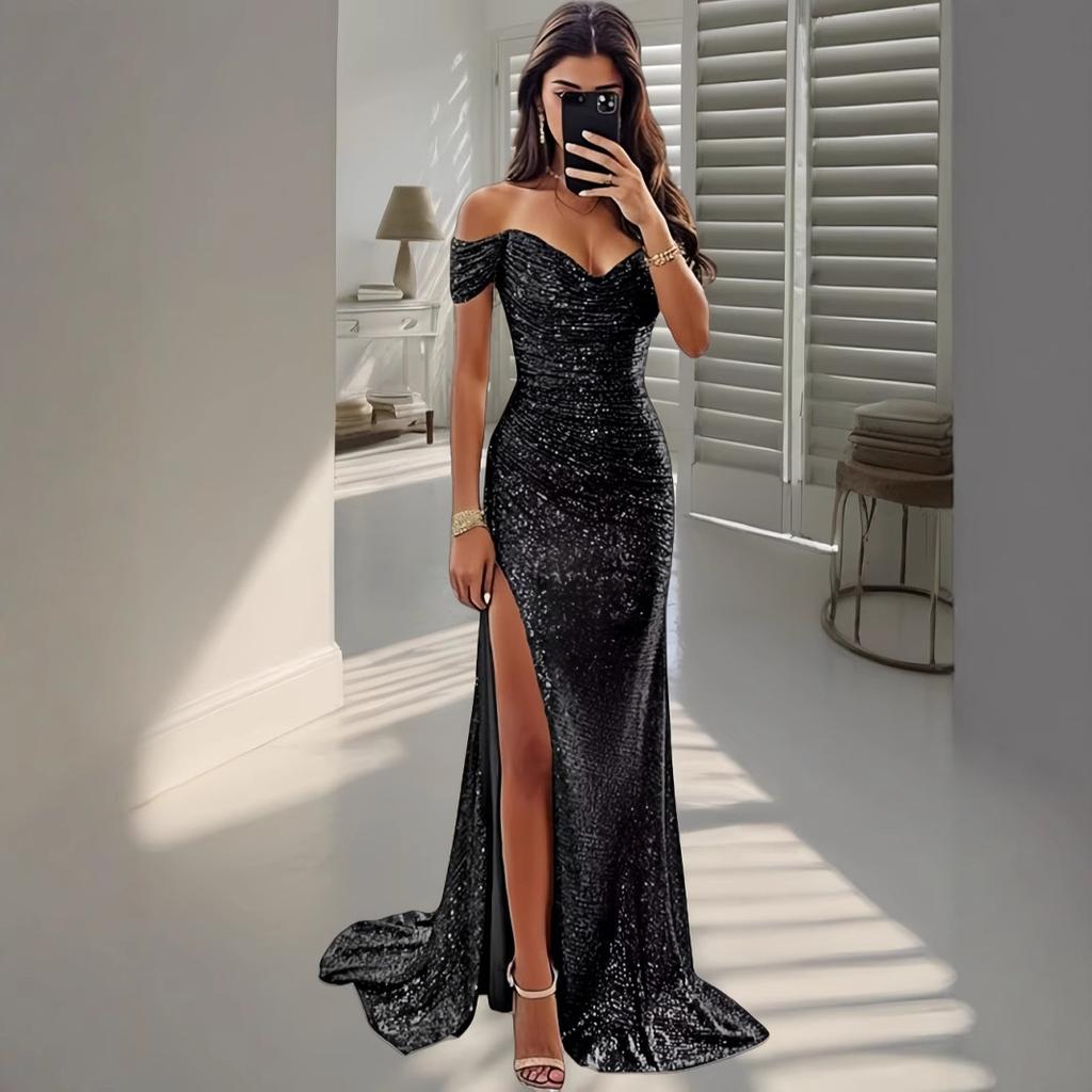 European and American women's clothing new one-word neck tube top skirt with big swing split ends sexy fashion dress sequined evening dress