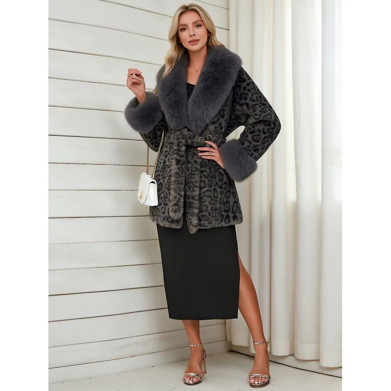Womens Short Faux Fur Coat Leopard Print Belted Warm Leather Plush Outerwear