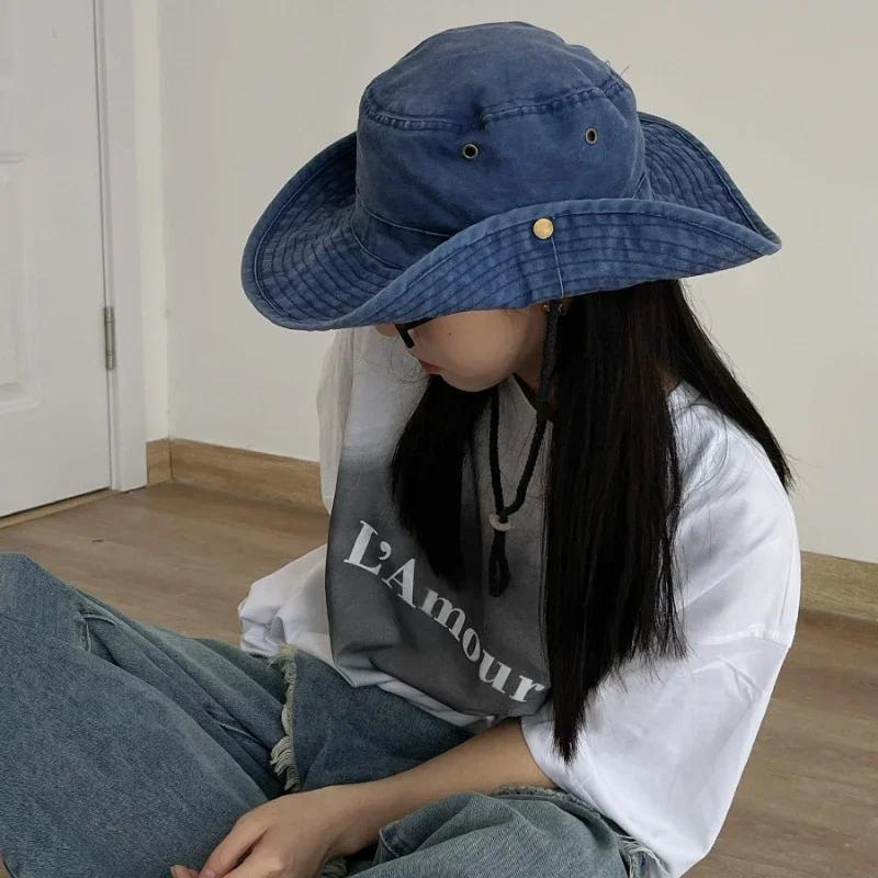 2025 Blue Cowboy Hiking Bucket Hats with String Men Denim Beach Sun Hat for Women Outdoor Couple Bob Panama Summer Fisherman Cap