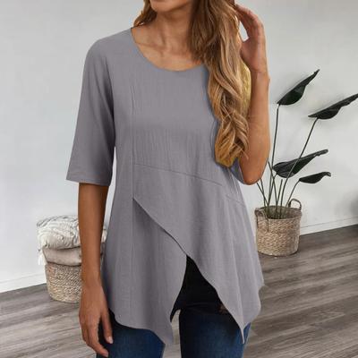 Women Tops Round Neck Half Sleeve Irregular Hem Pullover Tops Loose Fit Solid
