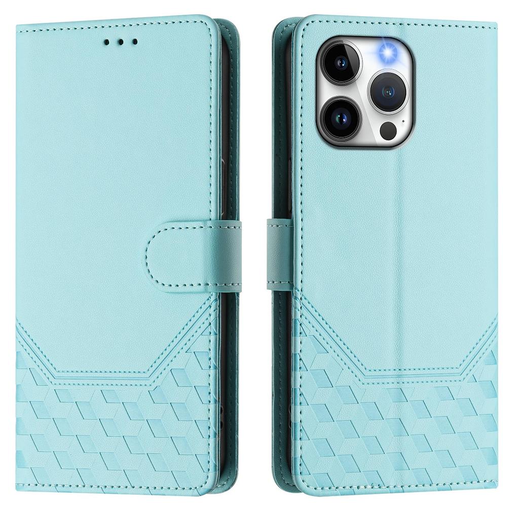 For iPhone 15 Pro Max Case Imprinted Honeycomb RFID Blocking Leather Phone Cover with Strap