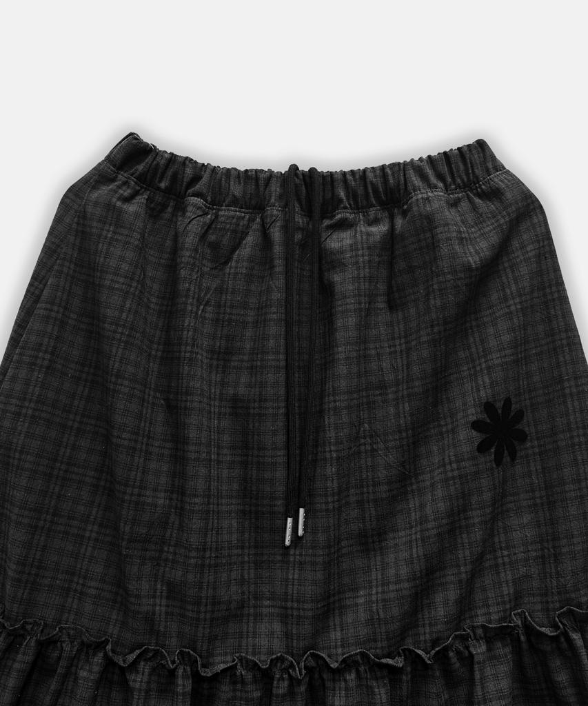 Damiswi Vintage Check Frill Long Skirt_Black
