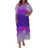 Gradient Printed Womens Chiffon Maxi Dress V Neck Short Sleeve Beach Sundress Casual Loose Long Dress for Summer Holiday