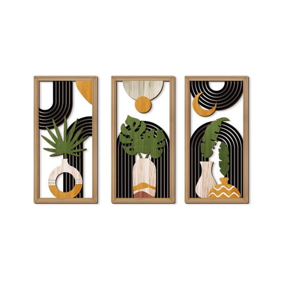 3 Pcs Boho Wood Wall Art Decor Minimalist Plants Geometric Hollow-out Hanging Ornament Abstract Wall Sculptures for Home Living Room Bedroom Kitchen