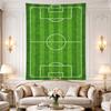 Soccer Pitch: A top-down green striped football pitch with crisp white penalty and center markings, clean stadium turf art, rich, Tapestry
