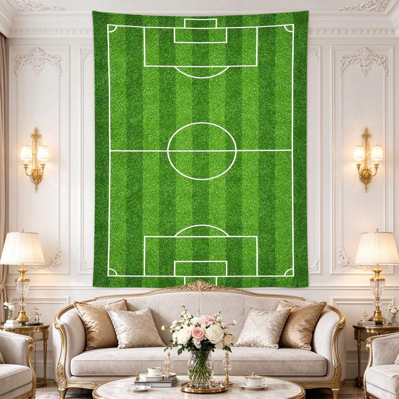 Soccer Pitch: A top-down green striped football pitch with crisp white penalty and center markings, clean stadium turf art, rich, Tapestry