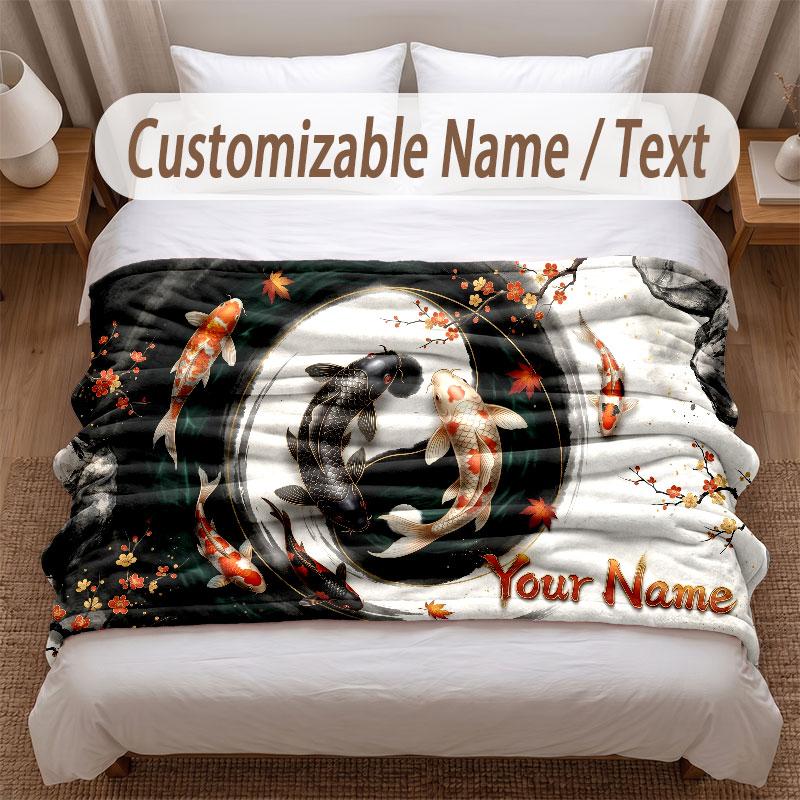 Koi Fish Theme Soft Blanket Personalized Custom Name Text Print Warm Blanket Home Sofa Bedroom Decor