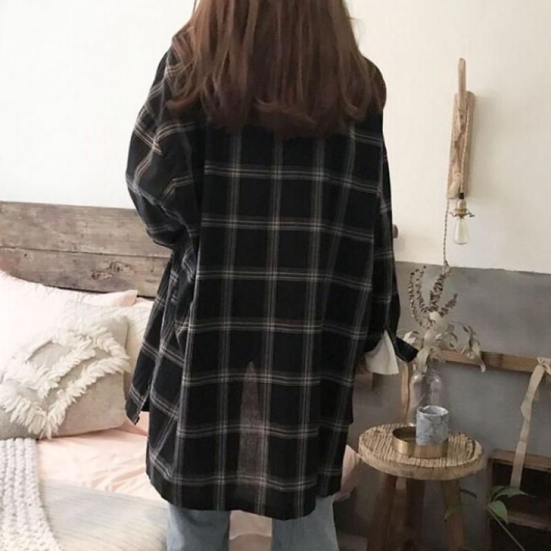 [shop  ] Unisex Couple Look Loose Fit Check Long Shirt Wld Wbl Sis 705