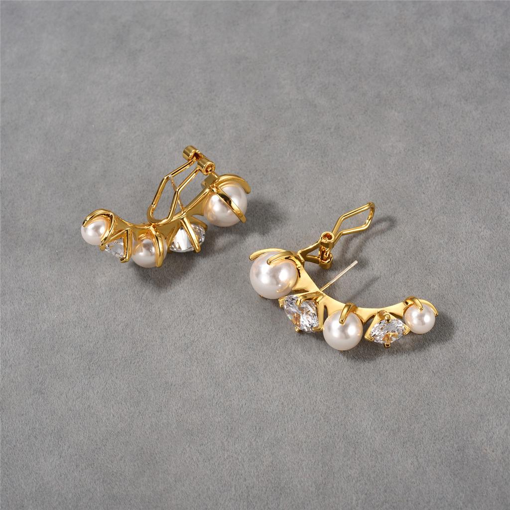 High Sense Light Luxury Temperament Brass Plated 18K Real Gold Inlaid Pearl Diamond Ear Buckle Earrings Fashion Earrings