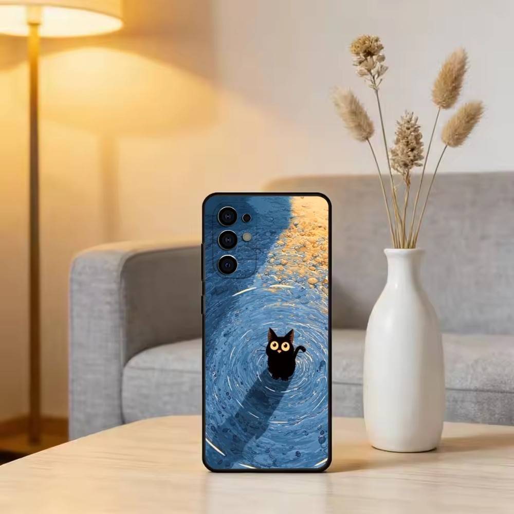 Cute Black Cat Illustration Phone Case For Samsung S25,S24,S21,S22,S23,S30,Ultra,S20,Plus,Fe,Soft Silicone Black Cover