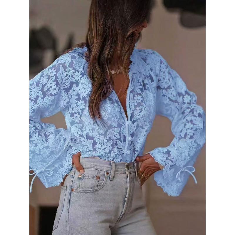 Women Casual Hollow Out Lace Long Sleeve Blouse