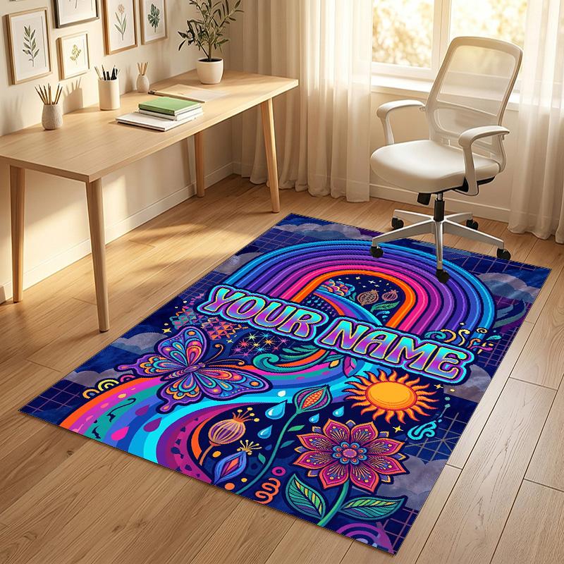 Rainbow Dreams Theme Soft Crystal Velvet Rug Custom Name & Text Print Non Slip Floor Rug for Bedroom Living Room