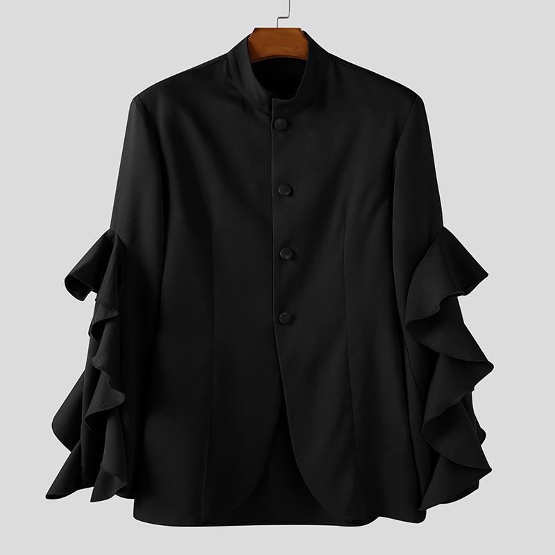 

INCERUN Мужские рубашки оверсайз с длинным рукавом, оборками, пуговицами и разрезами по подолу, повседневные топы XL чёрный