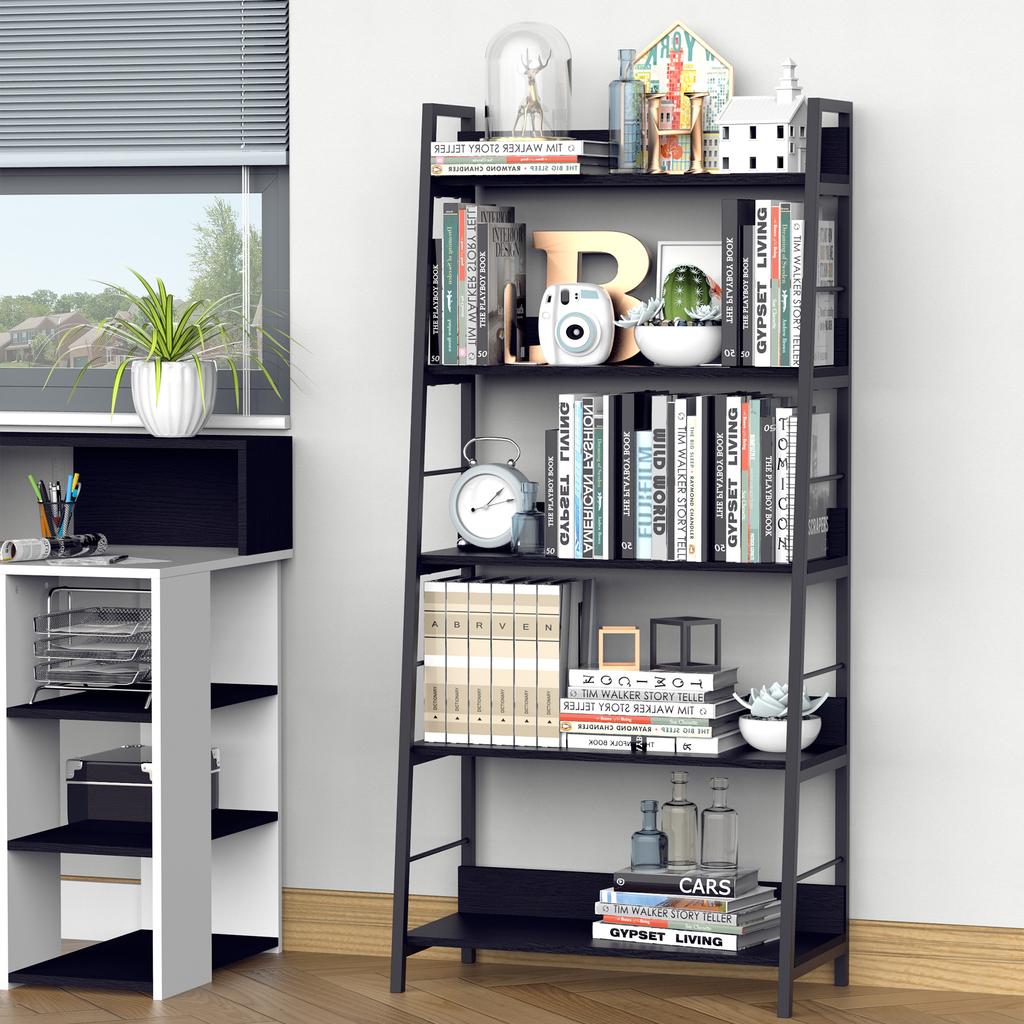 Bookshelf Storage Unit, Slanted 5-Tier, Industrial Style, 70 x 35 x 150 cm, Black