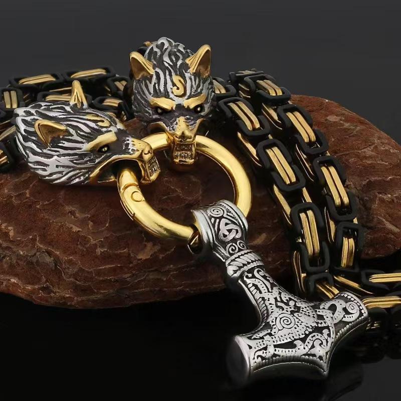 Mezinárodní Horký Prodej Viking Kultura Dvoubarevný Vlčí Hlava Dominantní Pánský Náhrdelník Se Zlatými Bleskovými Kladivy Příslušenství